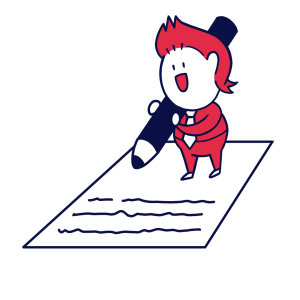 大きな鉛筆をもって文字を書くスポ丸