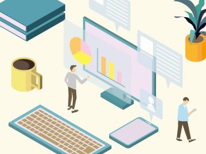 オフィスで働く人のアイソメトリック風イラスト