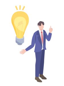 大きな豆電球と閃いたビジネスマン