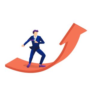 上昇矢印に乗るサラリーマン