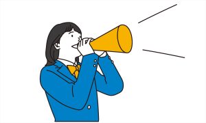 メガホンをもって応援する制服を着た部活動生